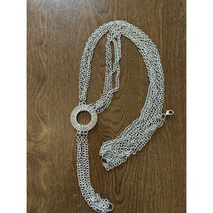 Silver Tone Circle Pendant Multi Chain Boho Statement Necklace 24 Inch